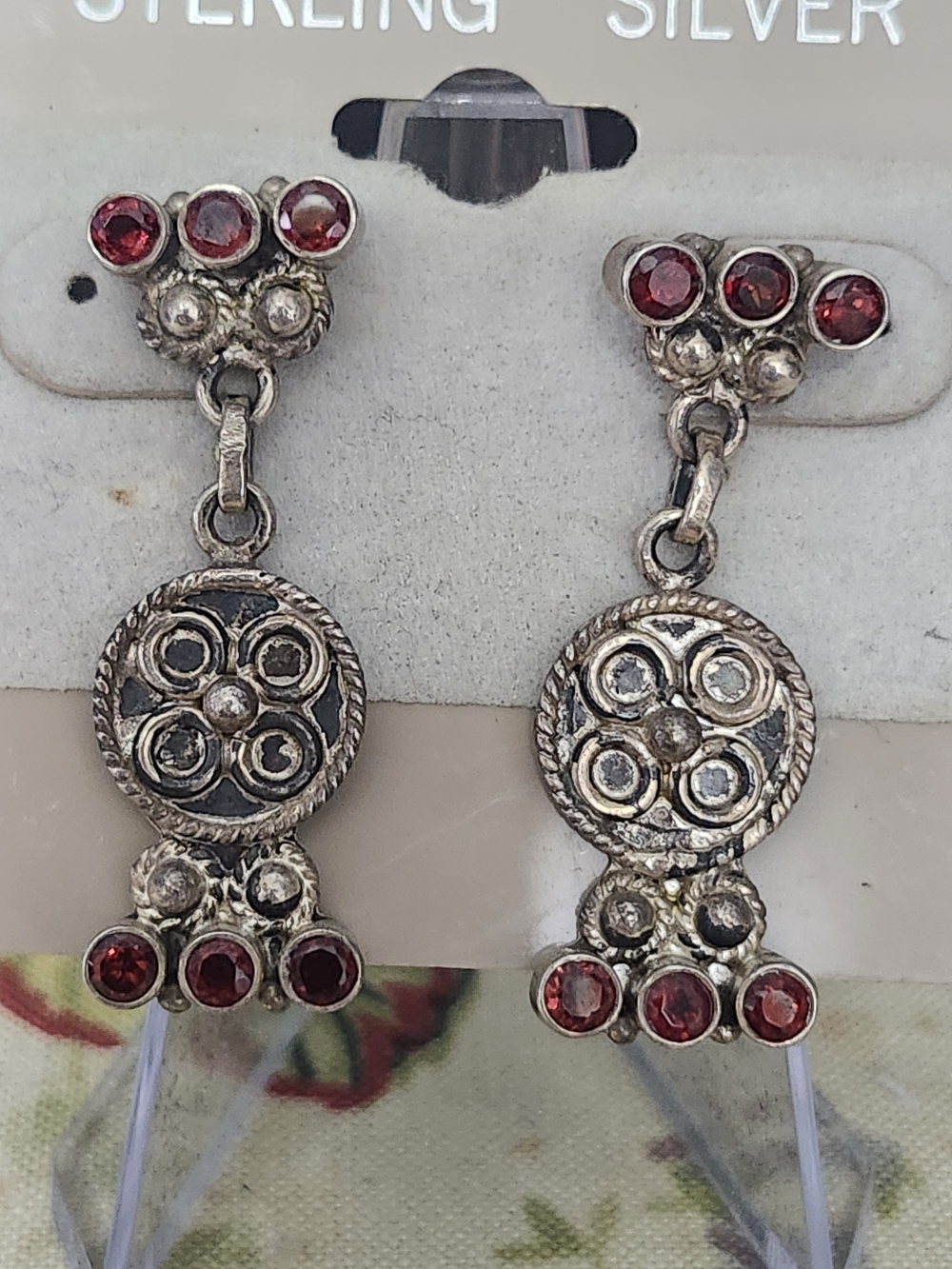 Sterling Silver Dangle Earrings with Red Stones Boho Pierced